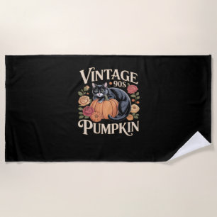 Serviette De Plage Vintage 90s Chat Citrouille Halloween rétro floral
