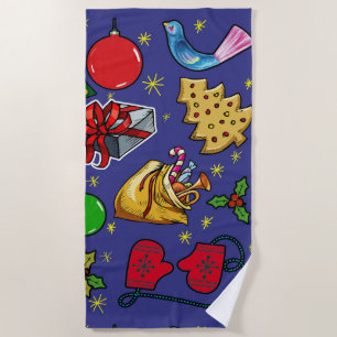 Serviette De Plage Vintage de Noël rétro couleur bleu rouge vert