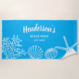 Serviette De Plage Vintage Shell Starfish Beach House Nom bleu blanc