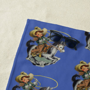 Serviette De Plage Vintage Western Cowboy Kid On Horse avec corde