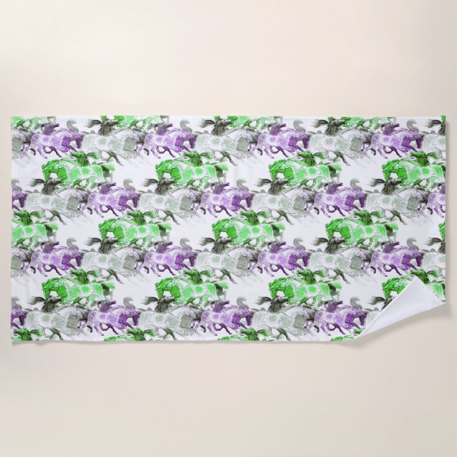 Serviette de plage violet et vert Horses (Devant)