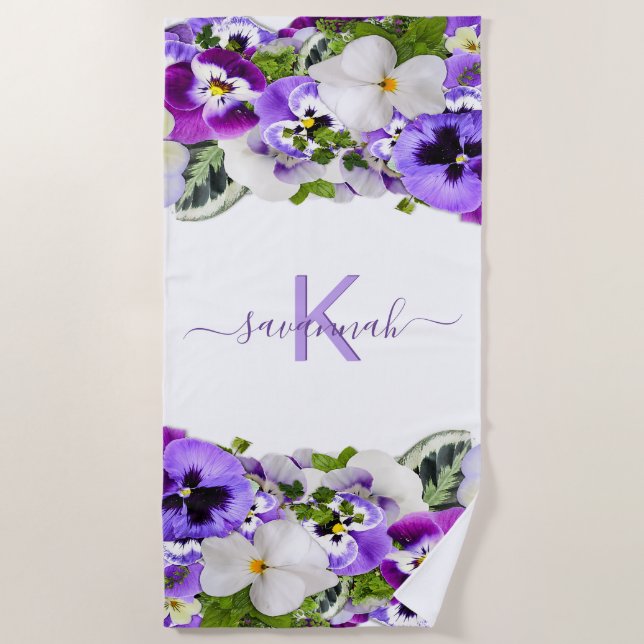 Serviette De Plage Violet fleurs violettes monogramme nom (Devant)