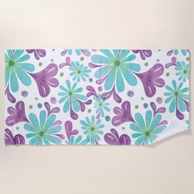 Serviette de plage violette et Aqua Floral (Devant)