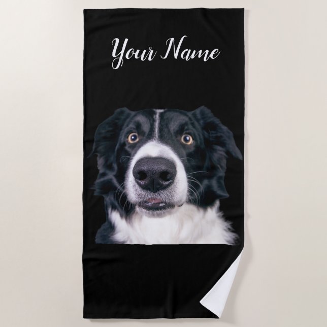 Serviette De Plage Visage de chien noir et blanc (Devant)