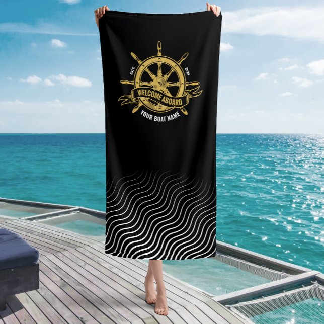 Serviette De Plage Voiture nautique Bienvenue à bord Noir & Or (Créateur téléchargé)