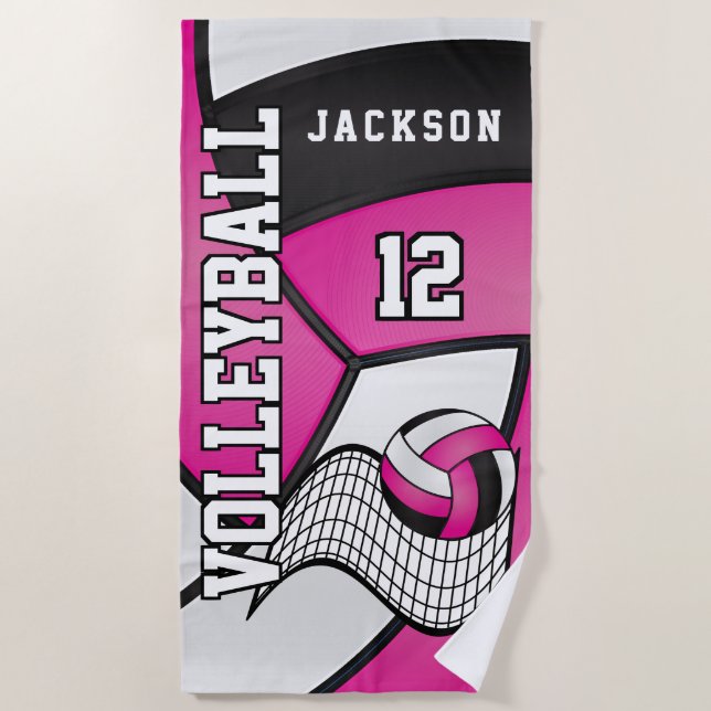 Serviette De Plage Volley-ball en rose, noir et blanc (Devant)