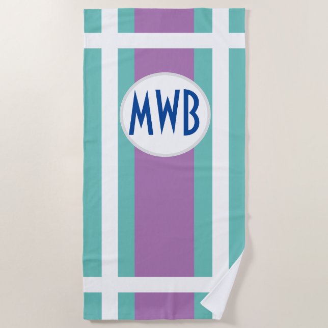 Serviette De Plage Votre monogramme sur Teal et le pourpre, avec les (Devant)