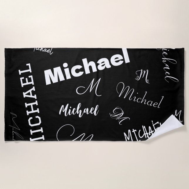 Serviette De Plage Votre nom et monogramme motif personnalisé noir (Devant)