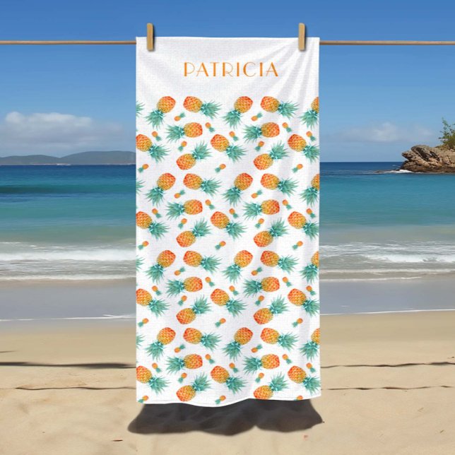 Serviette De Plage Votre Nom Sur Un Motif De Fruits Tropicaux D'Anana (Your Name On A Pineapple Tropical Fruits Pattern Beach Towel)