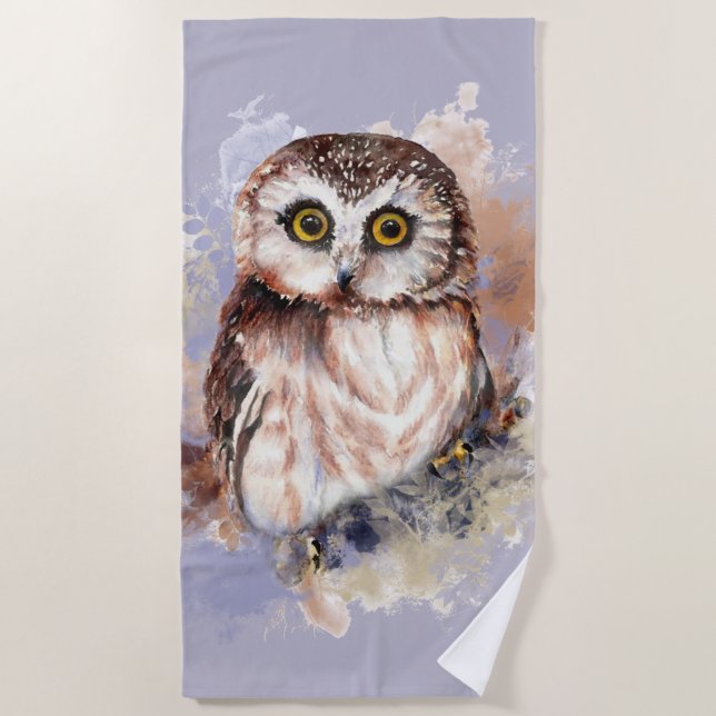 Serviette De Plage Watercolor Cute Owl Oiseau Nature Art de la faune (Devant)