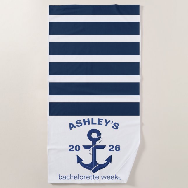 Serviette De Plage Week-end de Bachelorette personnalisé bleu marine  (Devant)