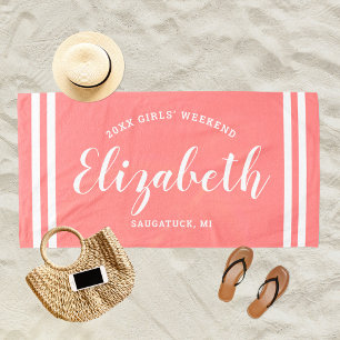 Serviette De Plage Week-end entre filles Rose Corail Monogramme Nom