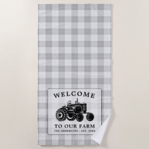 Serviette De Plage Welcome Family Nom Farm Tractor White Plaid