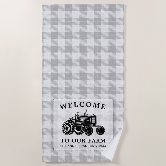 Serviette De Plage Welcome Family Nom Farm Tractor White Plaid (Devant)
