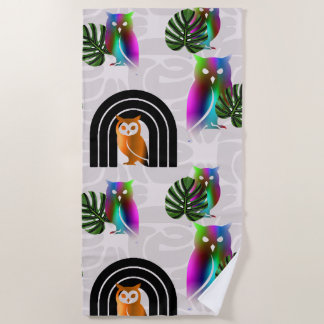 Serviette De Plage Whimsical Boho Owl & Tropical Monstera Leaf
