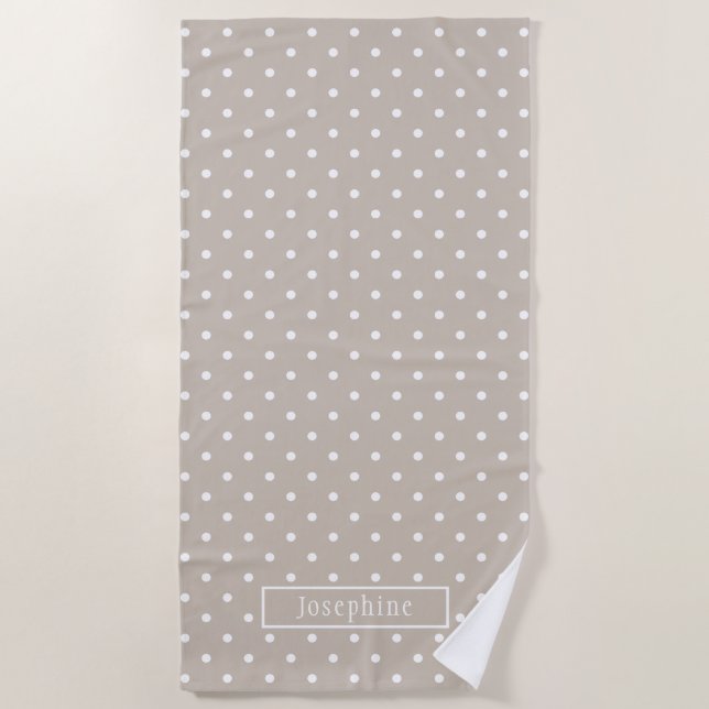 Serviette De Plage White On Beige Polka Dots Pattern With Custom Name (Devant)