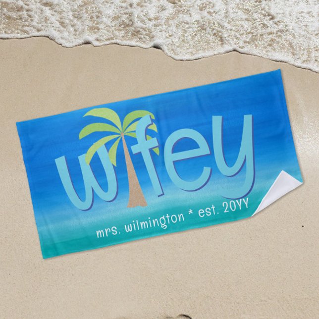 Serviette De Plage Wifey Palm Tree Ocean Blue Green Mariage Cadeau (Créateur téléchargé)
