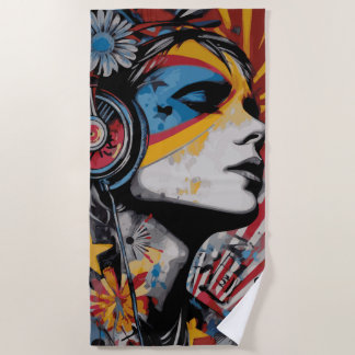 Serviette De Plage Woman with Headphones Street Art Portrait