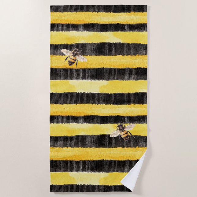 Serviette De Plage Yellow Gold Black Stripes Honey Bee  (Devant)