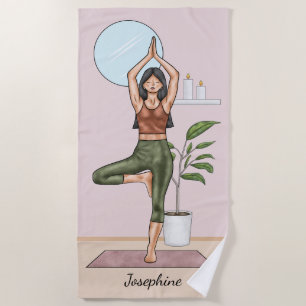 Serviette De Plage Yoga Pose de l'Arbre Vrikshasana Femme avec nom pe