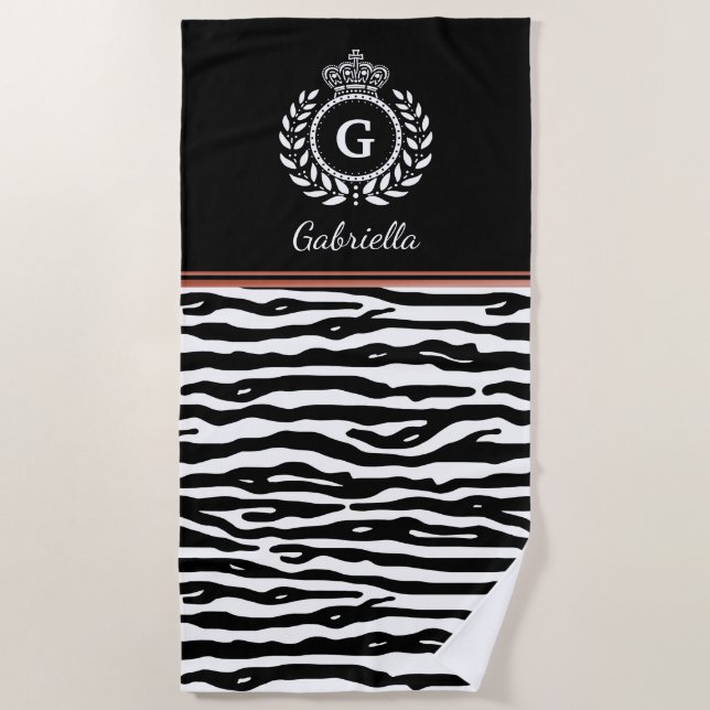 Serviette De Plage Zebra Stripes Laurel Wreath Couronne Noir Blanc No (Devant)