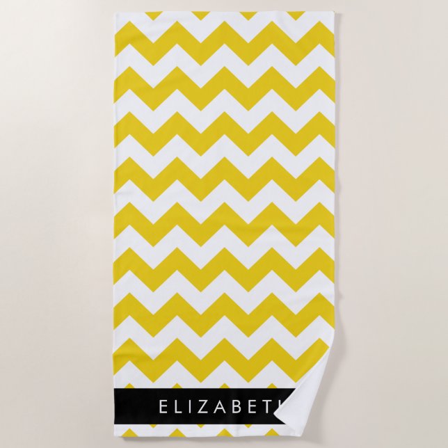 Serviette De Plage Zigzag Jaune, Chevron Jaune, Votre Nom (Devant)