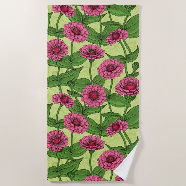 Serviette De Plage Zinnias rose sur vert clair (Devant)