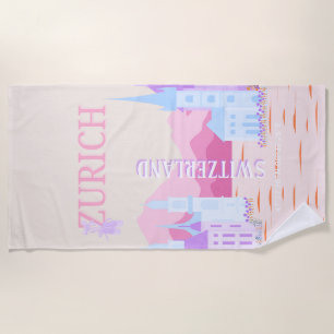 Serviette De Plage Zurich Travel Art, Suisse, Pink Preppy Travel