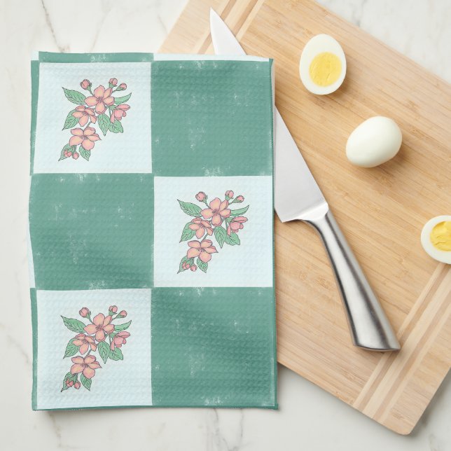 Serviette de thé à À damiers Floral vert (Quart Plié)