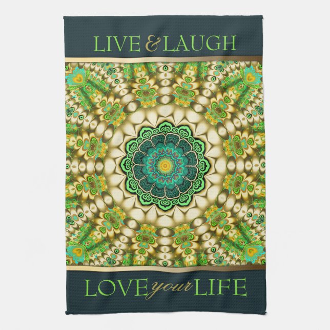 Serviette de thé Mandala orientale bohème verte (Vertical)
