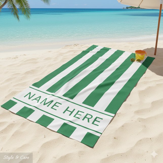 Serviette en Grille Blanche Vert de mer avec votre (Seafoam Green White Stripe Towel with Your Name)