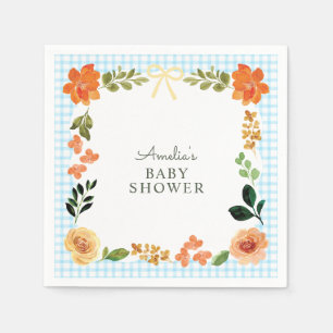 Serviette En Papier 002 Bleu Céleste Floral Gingham Baby Shower