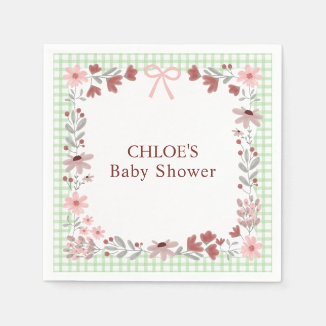 Serviette En Papier 018 Grass Green Wildflower Bow Gingham Shower (Devant)