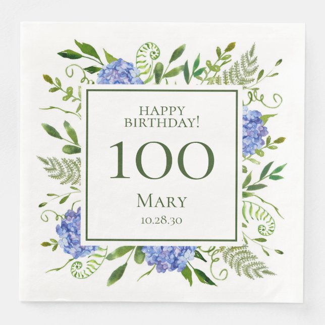 Serviette En Papier 100e anniversaire Blue Hydrangeas (Devant)