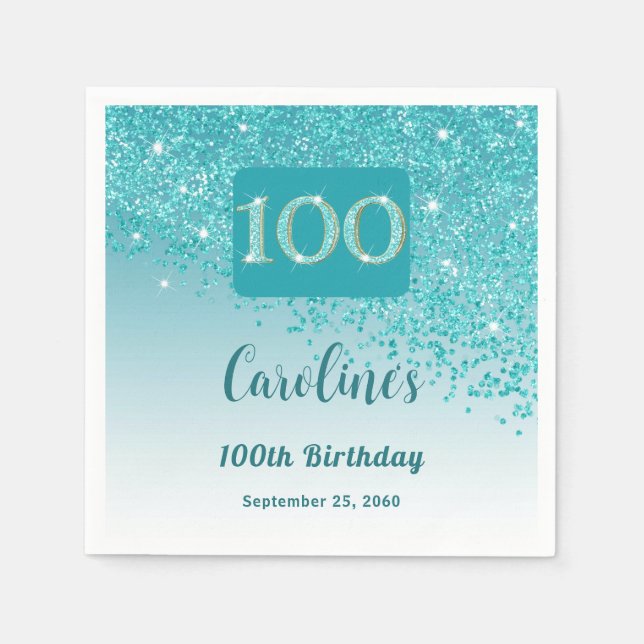 Serviette En Papier 100e anniversaire Jolie Parties scintillant bleue  (Devant)