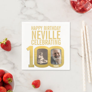 Serviette En Papier 100e anniversaire joyeux anniversaire or blanc pho