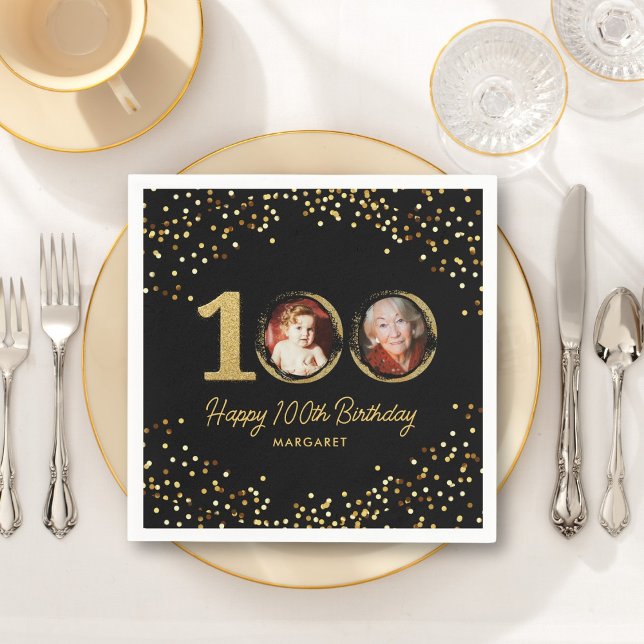 Serviette En Papier 100e anniversaire Photo Elegant Black Gold Parties (Créateur téléchargé)