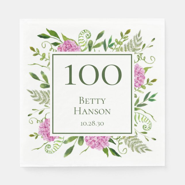Serviette En Papier 100e anniversaire Pink Hydrangeas (Devant)