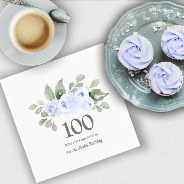 Serviette En Papier 100e anniversaire Rose bleu Eucalyptus (Créateur téléchargé)