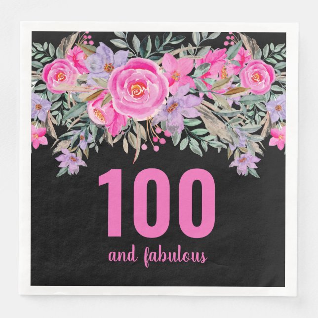 Serviette En Papier 100e anniversaire rose noir serviettes de fête flo (Devant)