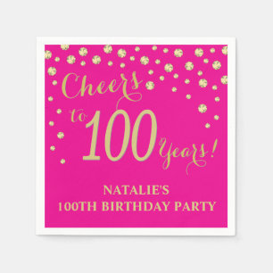 Serviette En Papier 100e fête d'anniversaire Hot rose et Gold Diamond