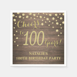 Serviette En Papier 100e fête d'anniversaire Rustic Wood et Gold Diamo