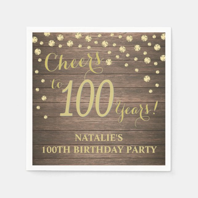 Serviette En Papier 100e fête d'anniversaire Rustic Wood et Gold Diamo (Devant)