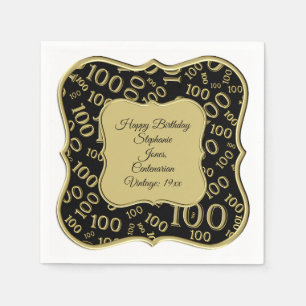 Serviette En Papier 100th Or d'anniversaire/motif noir de nombre