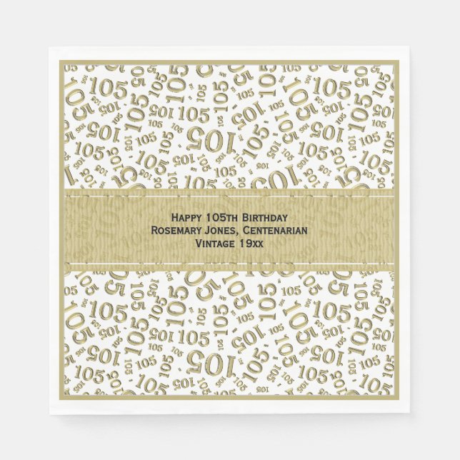 Serviette En Papier 105e anniversaire moderne Numéro Motif or/blanc (Devant)