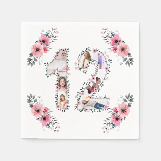 Serviette En Papier 12e anniversaire fille Fleur Photo Collage blanc (Devant)