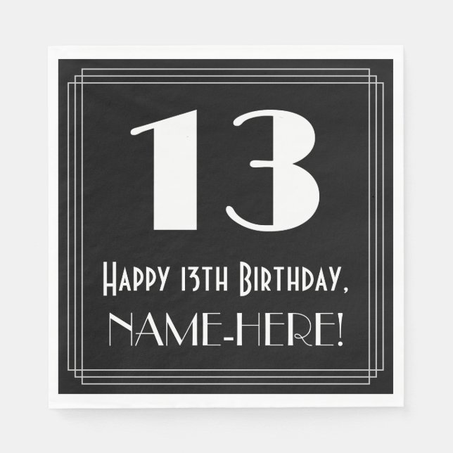 Serviette En Papier 13e anniversaire ~ Art Déco Inspiré Look "13", Nom (Devant)