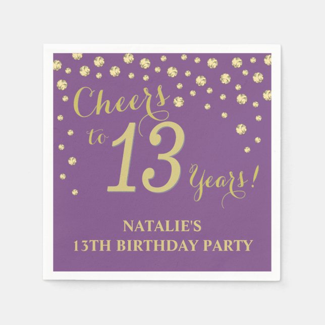 Serviette En Papier 13e anniversaire de fête violet et diamant d'or (Devant)
