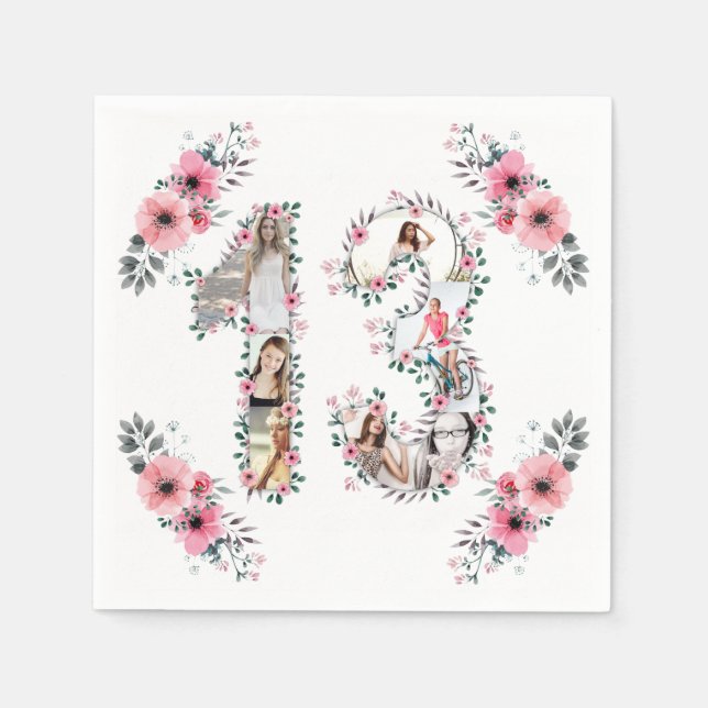 Serviette En Papier 13e anniversaire fille Fleur Photo Collage blanc (Devant)
