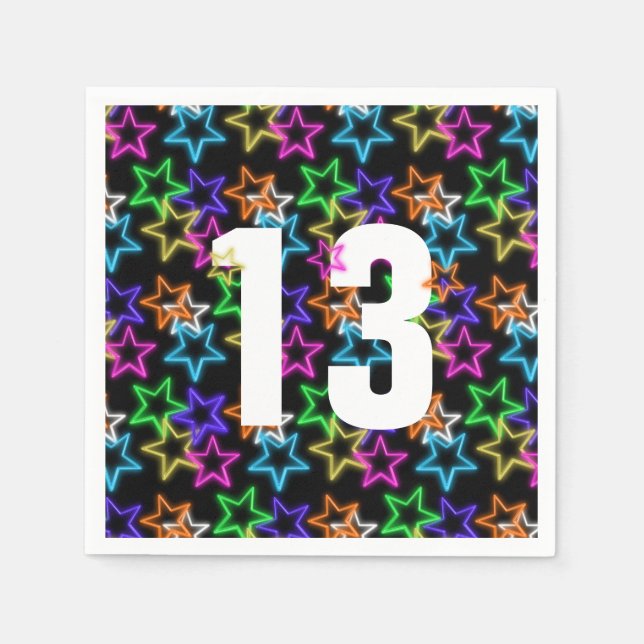 Serviette En Papier 13e Anniversaire Neon Étoiles Sur Noir (Devant)